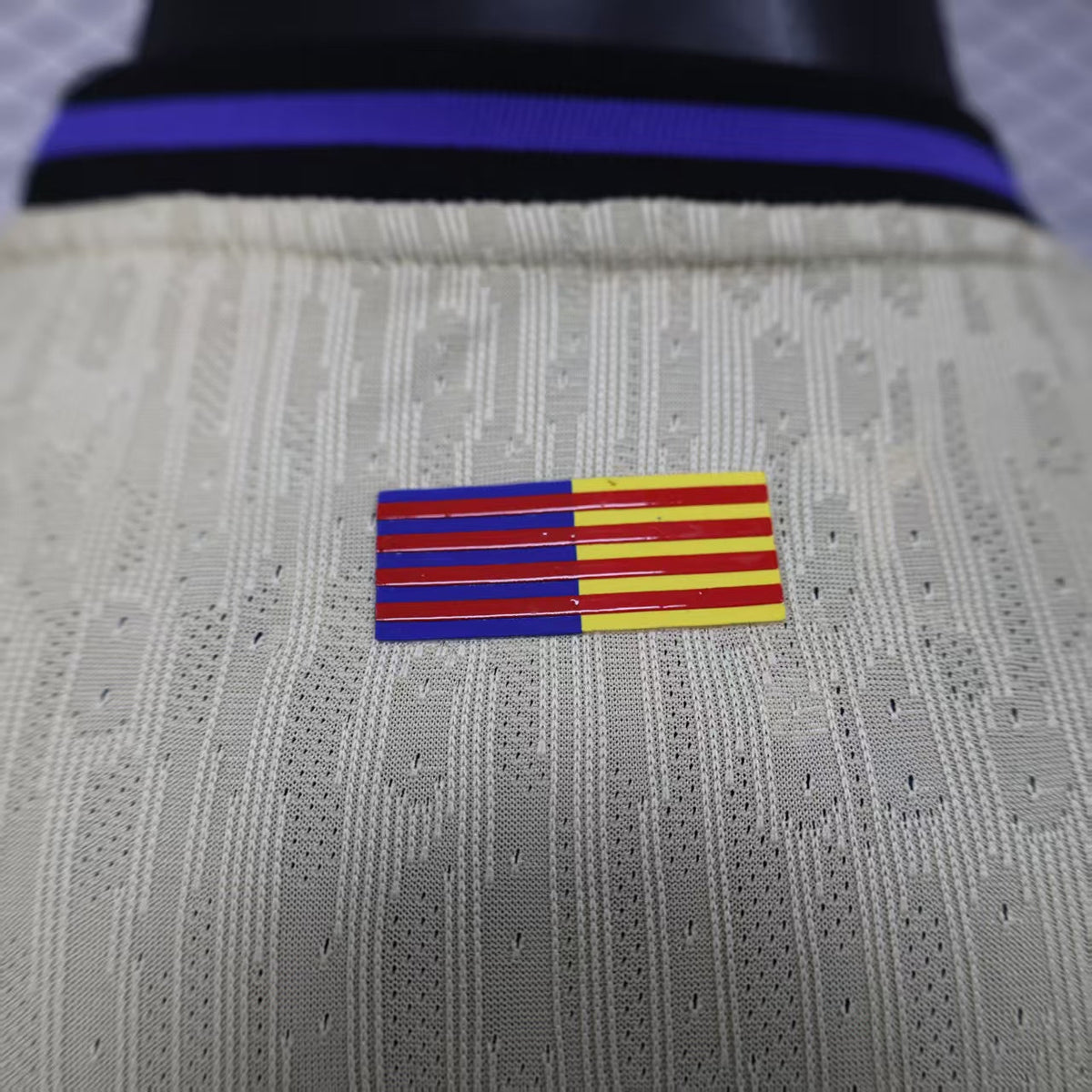 2025/26 FC Barcelona Away Player Version Jersey - Dri-FIT ADV - Champagne Off-White Body - Purple Crew Neck Collar - Black Shoulder Panels - Black FCB Crest - Spotify Black Sponsor