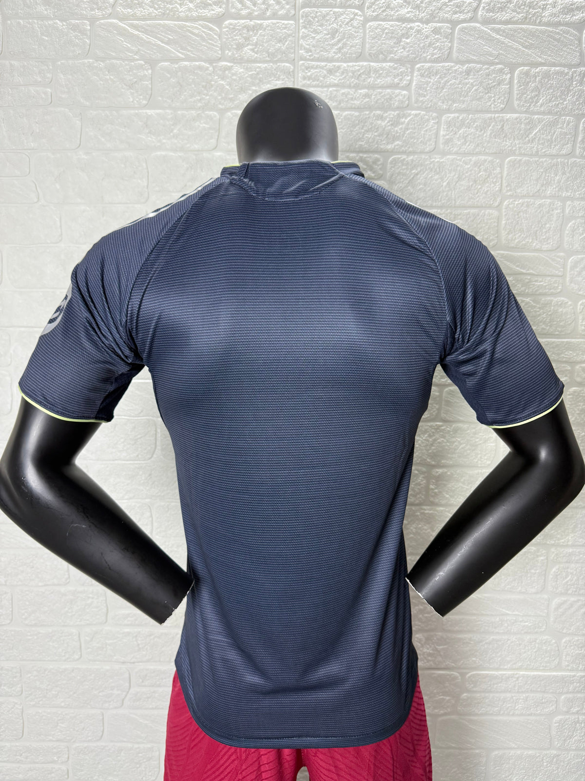 2025/26 Real Madrid Away Player Version Jersey -  Dark Navy Blue Tonal Horizontal Stripe - Neon Yellow Green Piping - Emirates Fly Better
