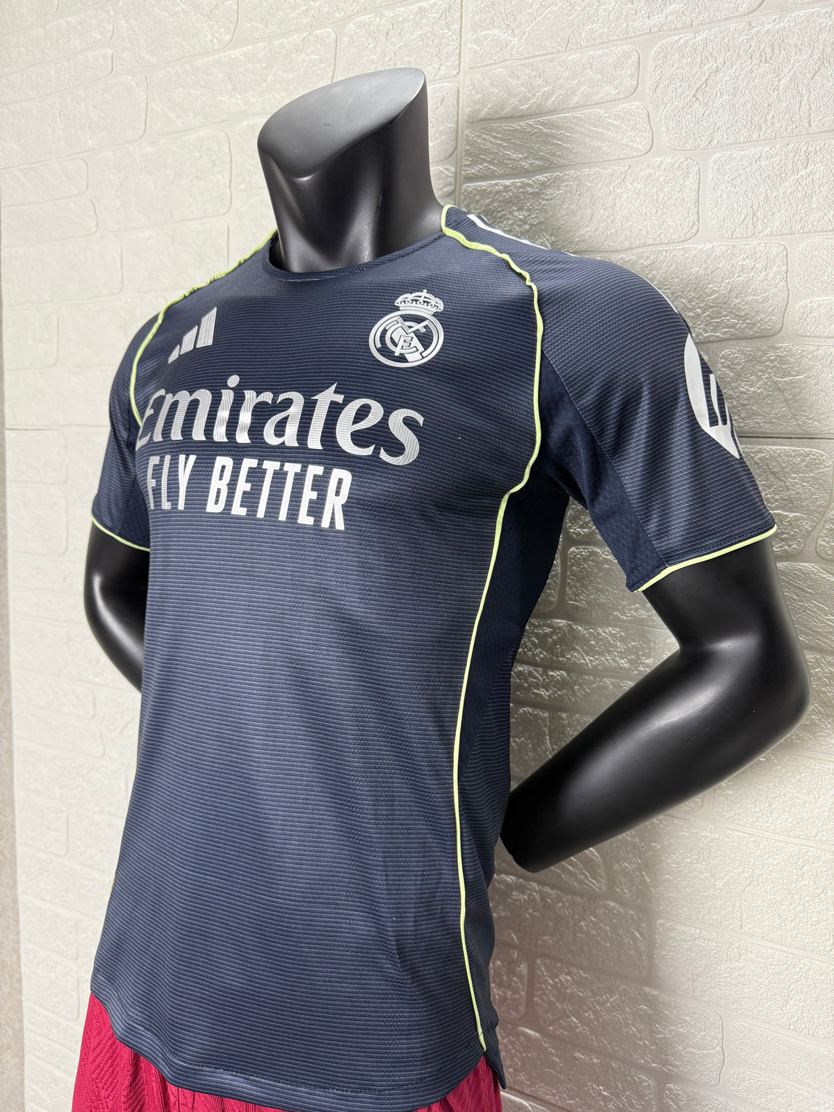 2025/26 Real Madrid Away Player Version Jersey -  Dark Navy Blue Tonal Horizontal Stripe - Neon Yellow Green Piping - Emirates Fly Better