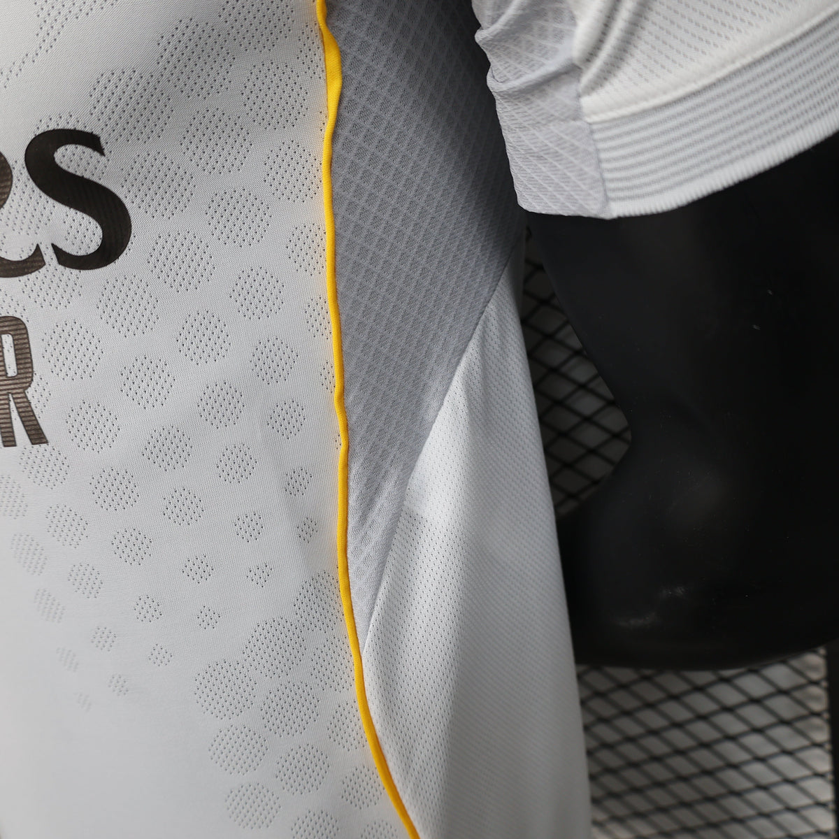 2025/26 Real Madrid Home Player Version Jersey -  White Grey Tonal Diamond Honeycomb Texture - Gold Yellow Side Seam Piping - Emirates Fly Better