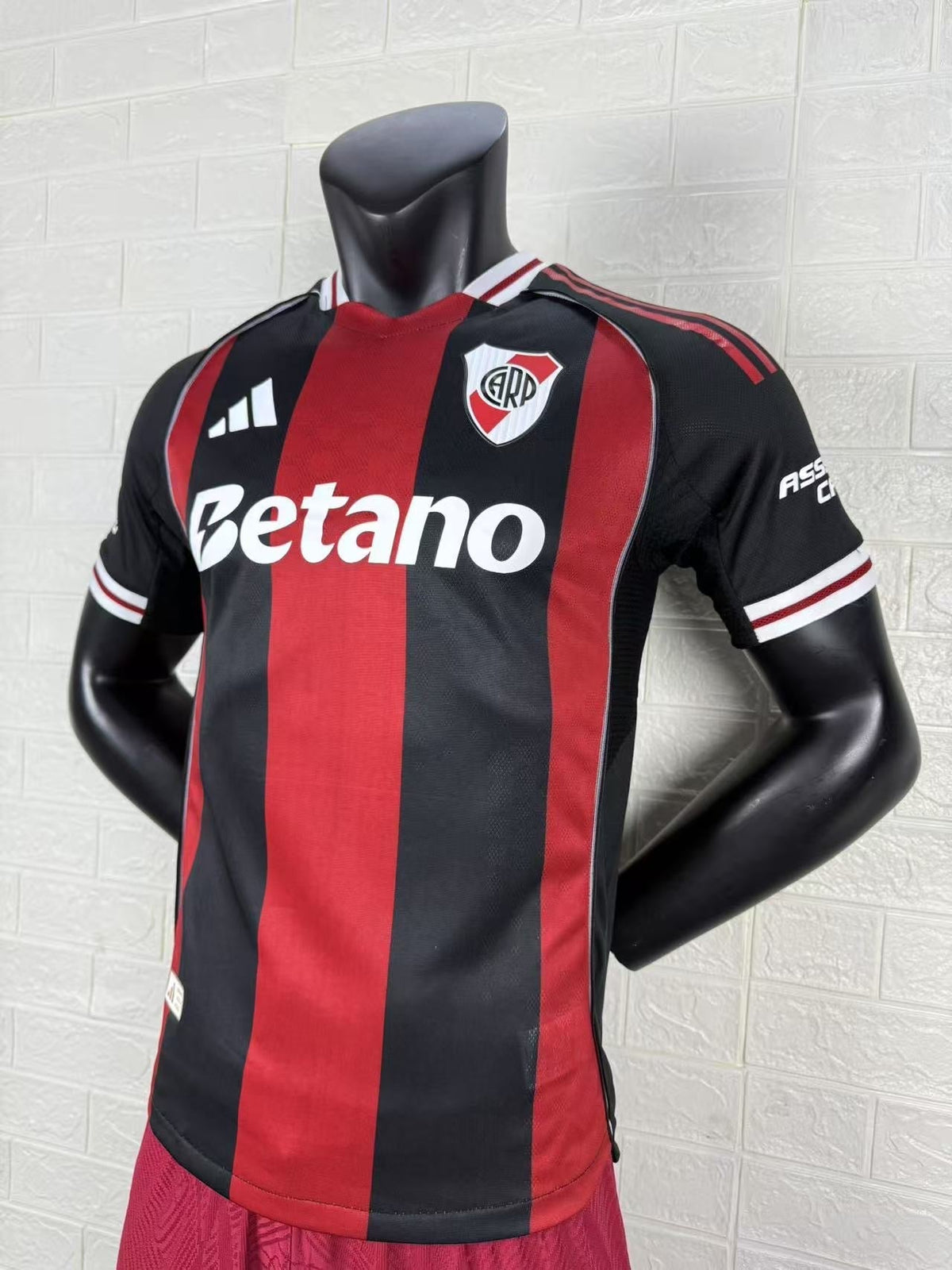 2025/26 River Plate Away Player Version Jersey - Adidas - Black Red Vertical Wide Stripe - White Red Striped V-Neck Collar - Betano White Sponsor