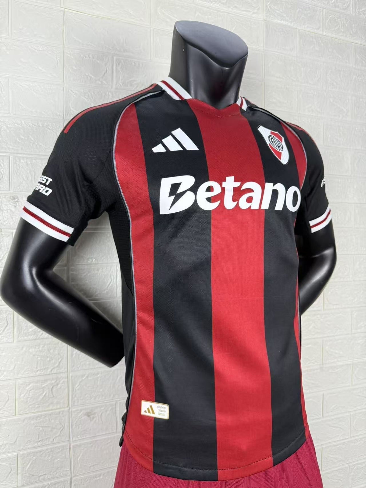 2025/26 River Plate Away Player Version Jersey -  Black Red Vertical Wide Stripe - White Red Striped V-Neck Collar - Betano White Sponsor
