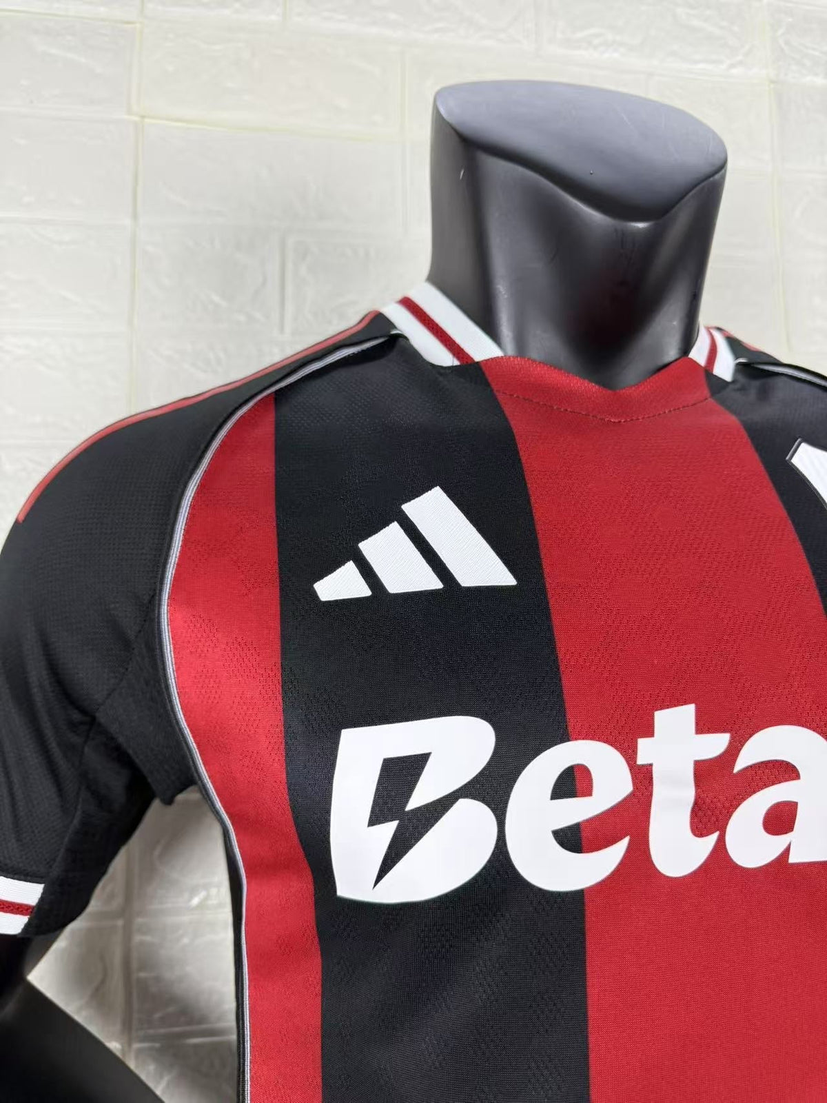 2025/26 River Plate Away Player Version Jersey -  Black Red Vertical Wide Stripe - White Red Striped V-Neck Collar - Betano White Sponsor