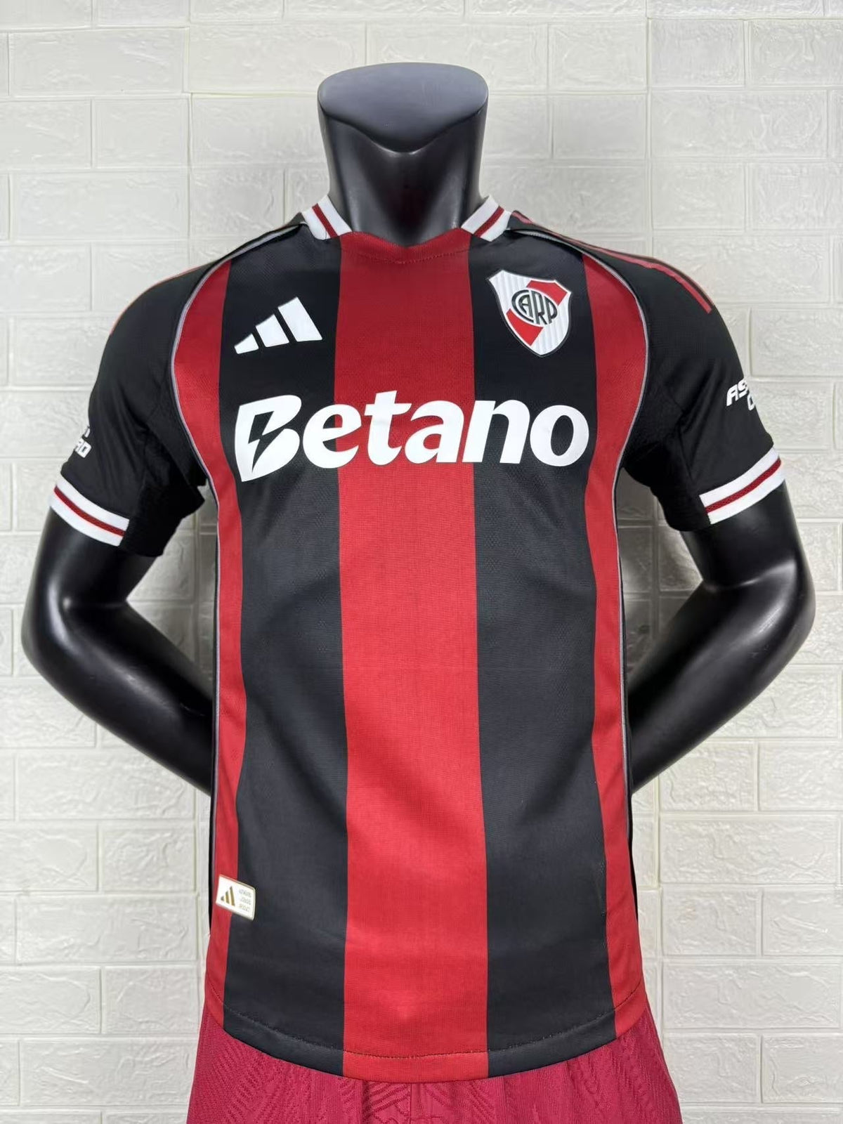 2025/26 River Plate Away Player Version Jersey - Adidas - Black Red Vertical Wide Stripe - White Red Striped V-Neck Collar - Betano White Sponsor