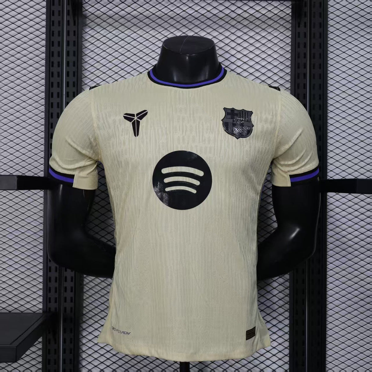 2025/26 FC Barcelona Away Player Version Jersey - Men's - Dri-FIT ADV - Champagne Off-White Body - Purple Crew Neck Collar - Black Shoulder Panels - Black FCB Crest - Spotify Black Sponsor