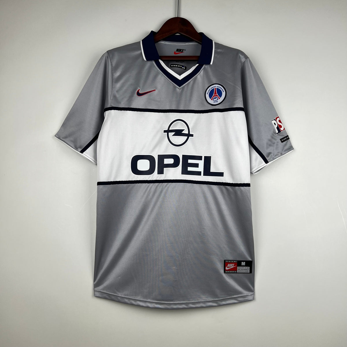 PSG 1999-2000 Away Retro Jersey – Nike Silver Grey White Band Navy V-Neck Opel Ligue 1 Paris Saint-Germain Fan Version Football Shirt