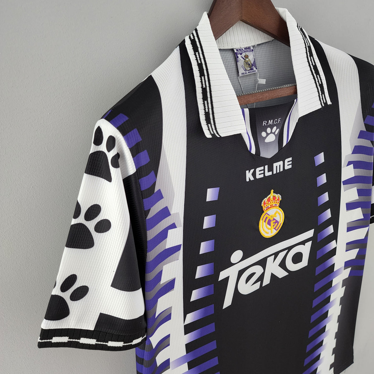 Real Madrid 1997-98 Third Retro Jersey – Kelme Black Purple Stripe Leopard Print Sleeve Kit | Champions League Winners Raul Era