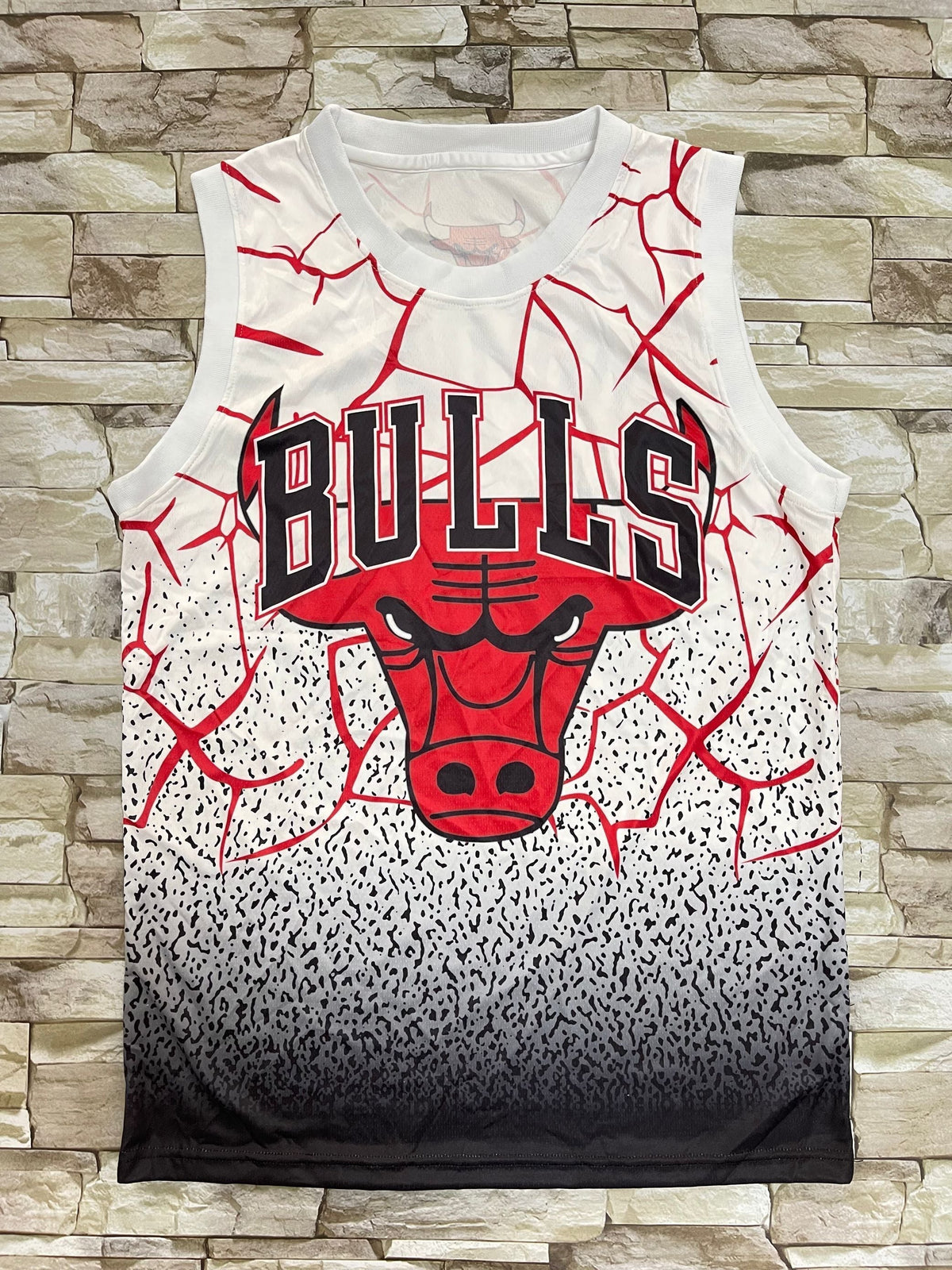 Chicago Bulls Mitchell & Ness White Black Gradient Cracked Red Lightning All-Over Print Hardwood Classics Swingman Jersey