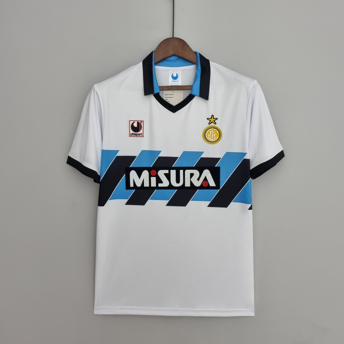 Inter Milan 1990-91 Away Retro Jersey – White Sky Blue Navy Diagonal Stripe Misura Uhlsport One Star Fan Version Football Shirt