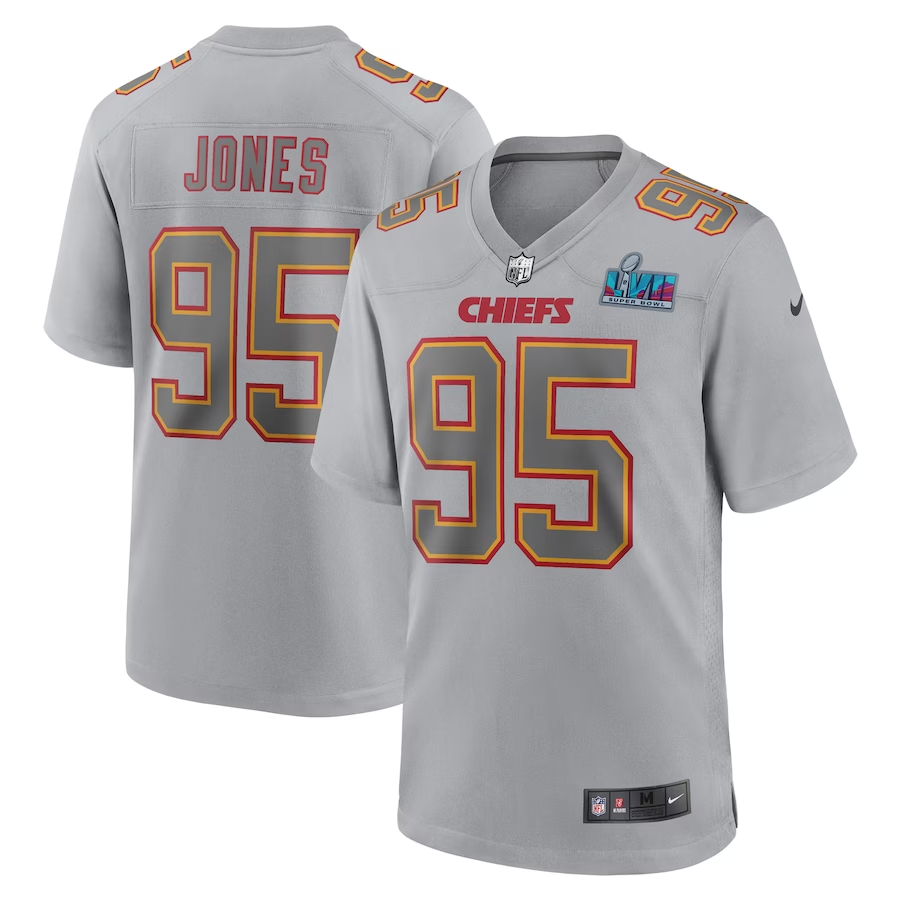 Men's Kansas City Chiefs Chris Jones #95 Gray Super Bowl LVII Patch Atmosphere Fashion Game Jerseys