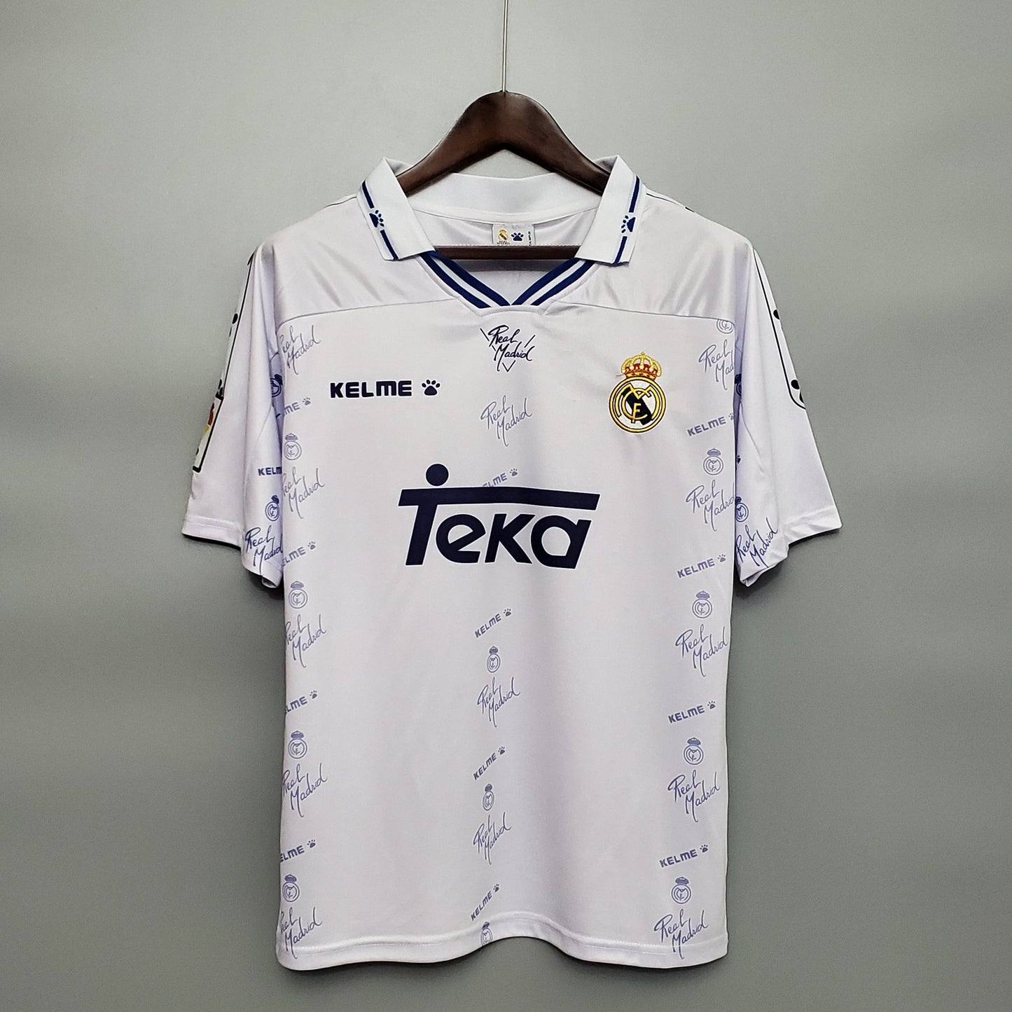 Real Madrid 1995-96 Home Retro Jersey – White All-Over Print Teka Kelme Fan Version La Liga Football Shirt