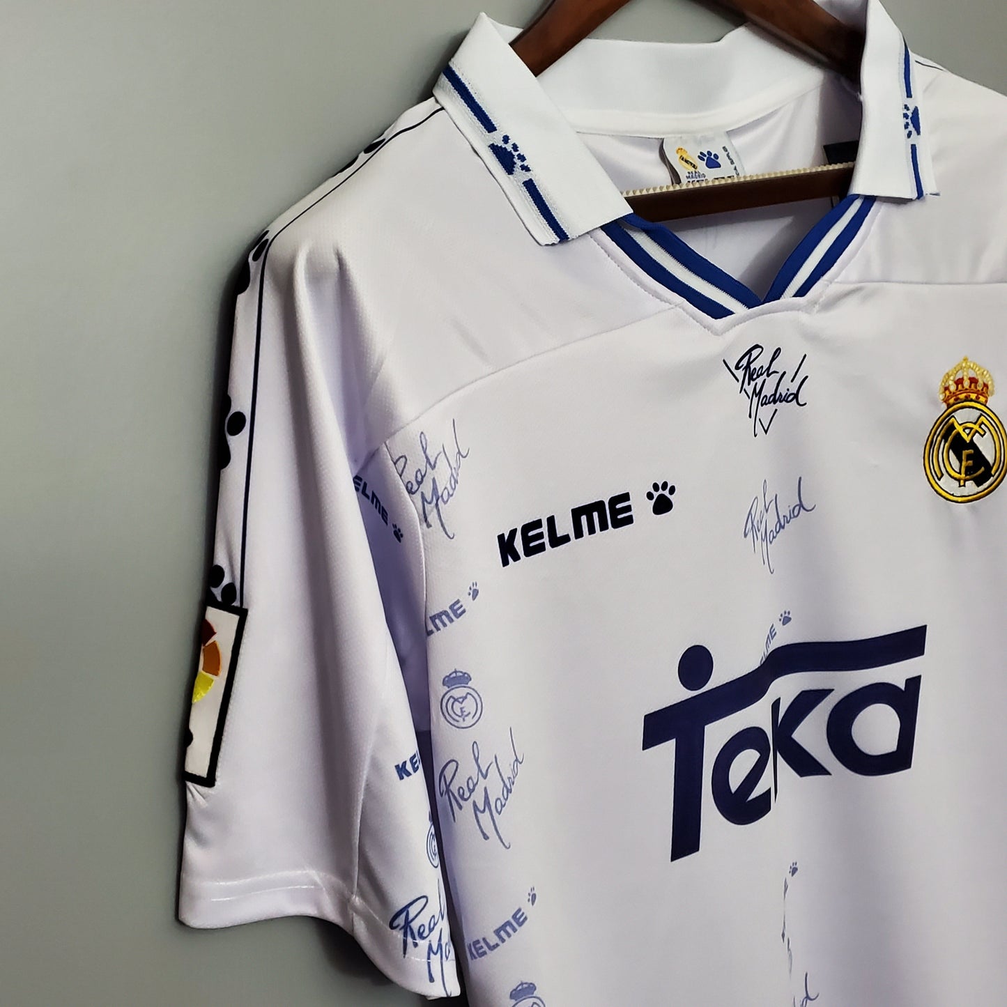Real Madrid 1995-96 Home Retro Jersey – White All-Over Print Teka Kelme Fan Version La Liga Football Shirt