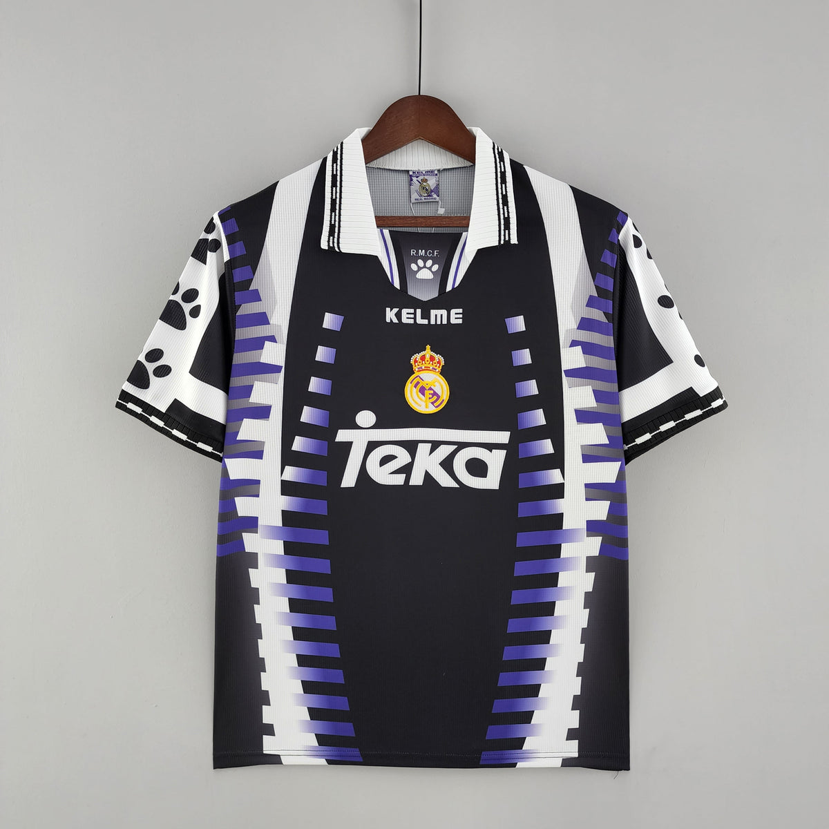 Real Madrid 1997-98 Third Retro Jersey – Kelme Black Purple Stripe Leopard Print Sleeve Kit | Champions League Winners Raul Era