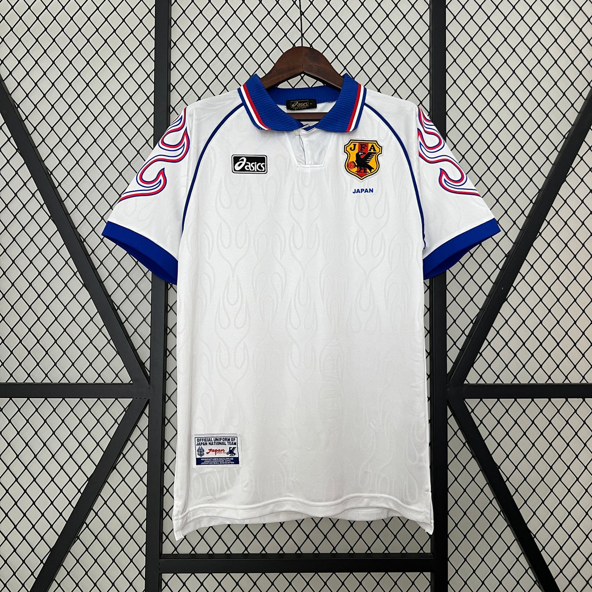 Japan 1998 Away Jersey – White Asics Blue Collar Flame Pattern Retro 1998 FIFA World Cup France Football Shirt | Nakata Nakayama Samurai Blue Classic JFA Kit